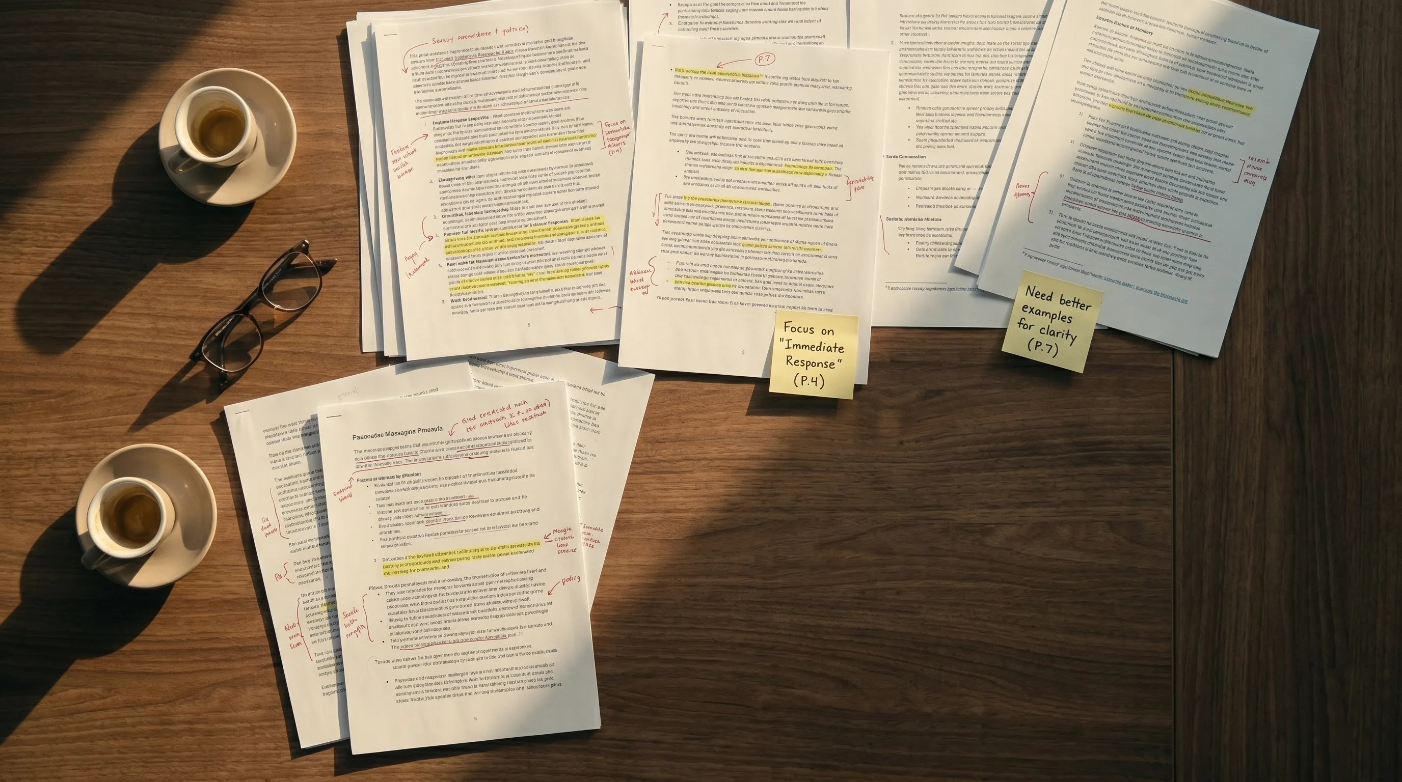 Overhead view of a wooden table covered with marked-up printed pages, red pen annotations, yellow highlighter marks, sticky notes, two empty espresso cups, and a pair of reading glasses set aside.