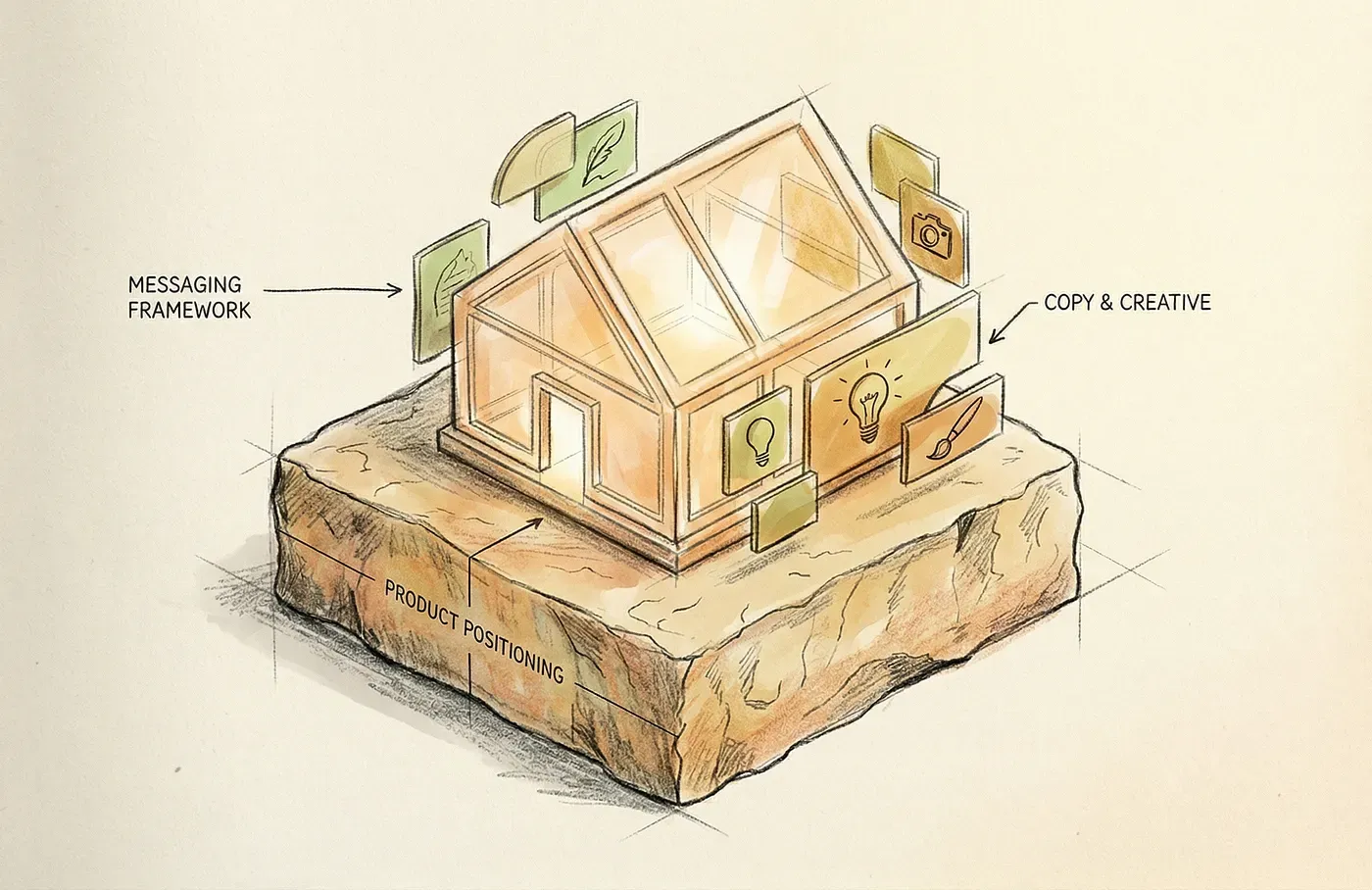 The house metaphor: positioning is the foundation, messaging is the structure, copy is the paint