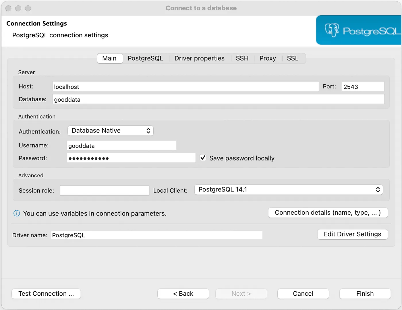 DBeaver database connection settings for GoodData FDW