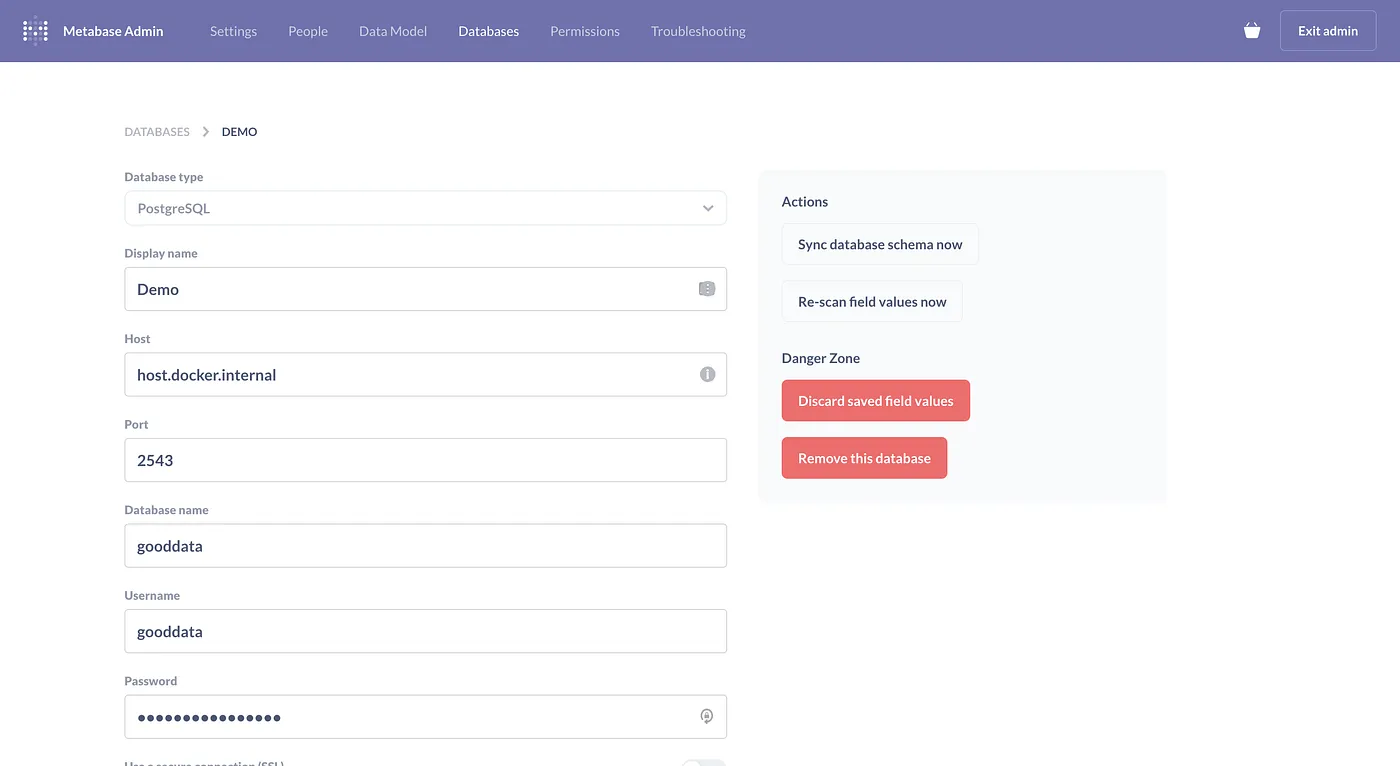 Metabase database connection settings for GoodData FDW