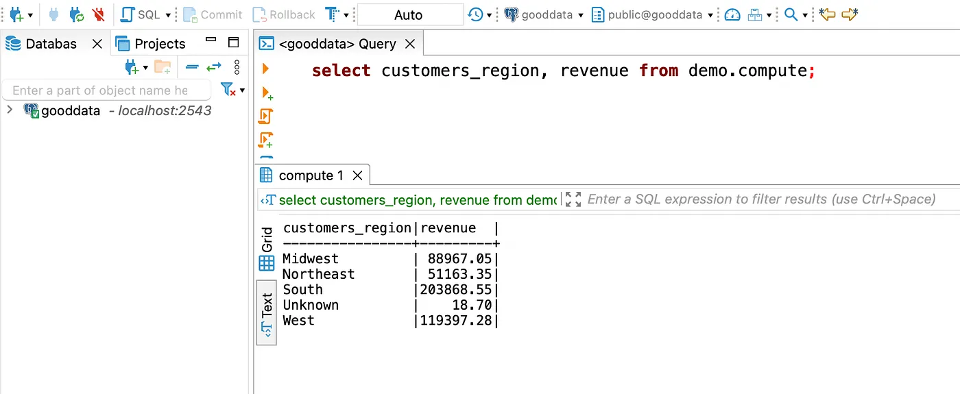 Revenue by Region query result in DBeaver