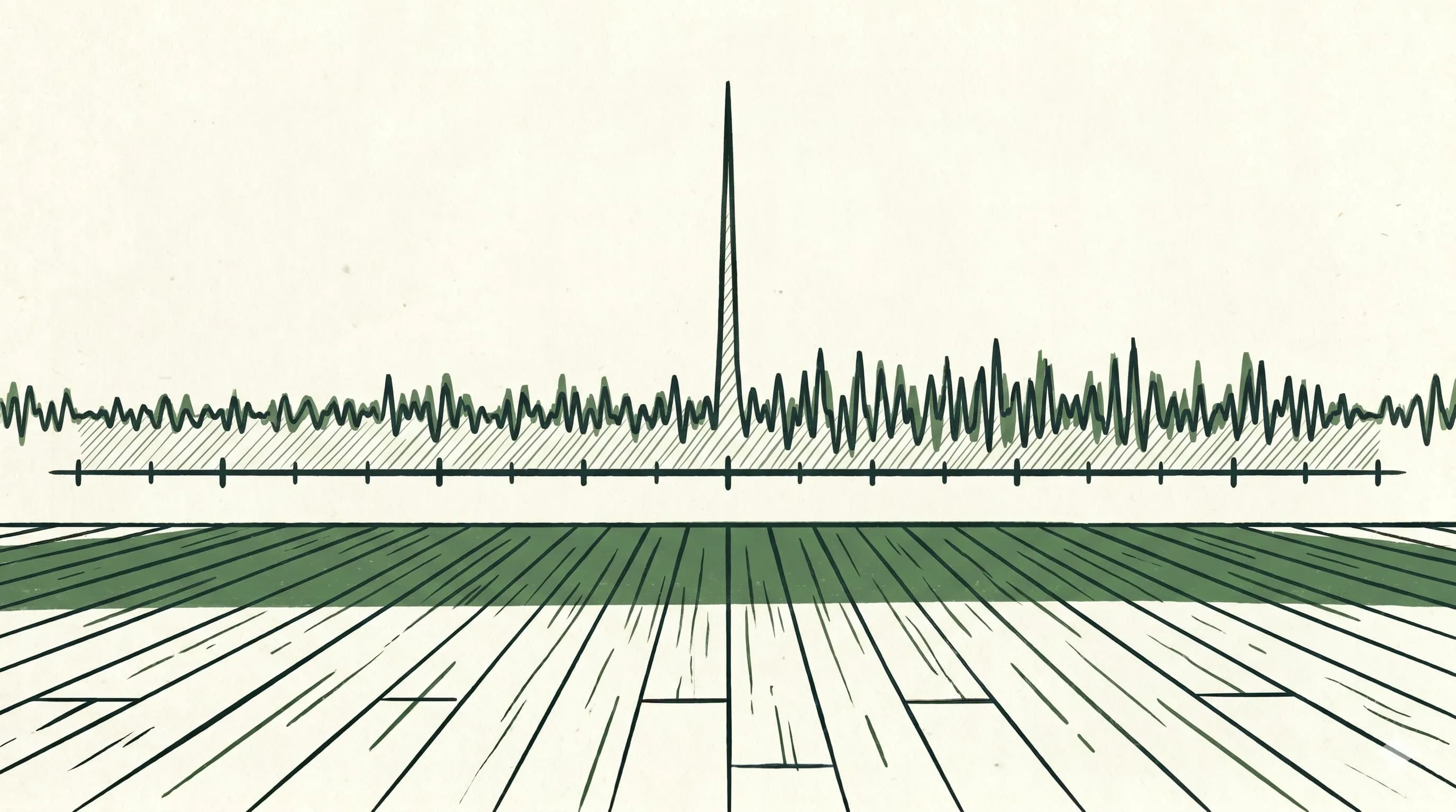 A horizontal timeline with one tall spike and a continuous low waveform stretching in both directions.