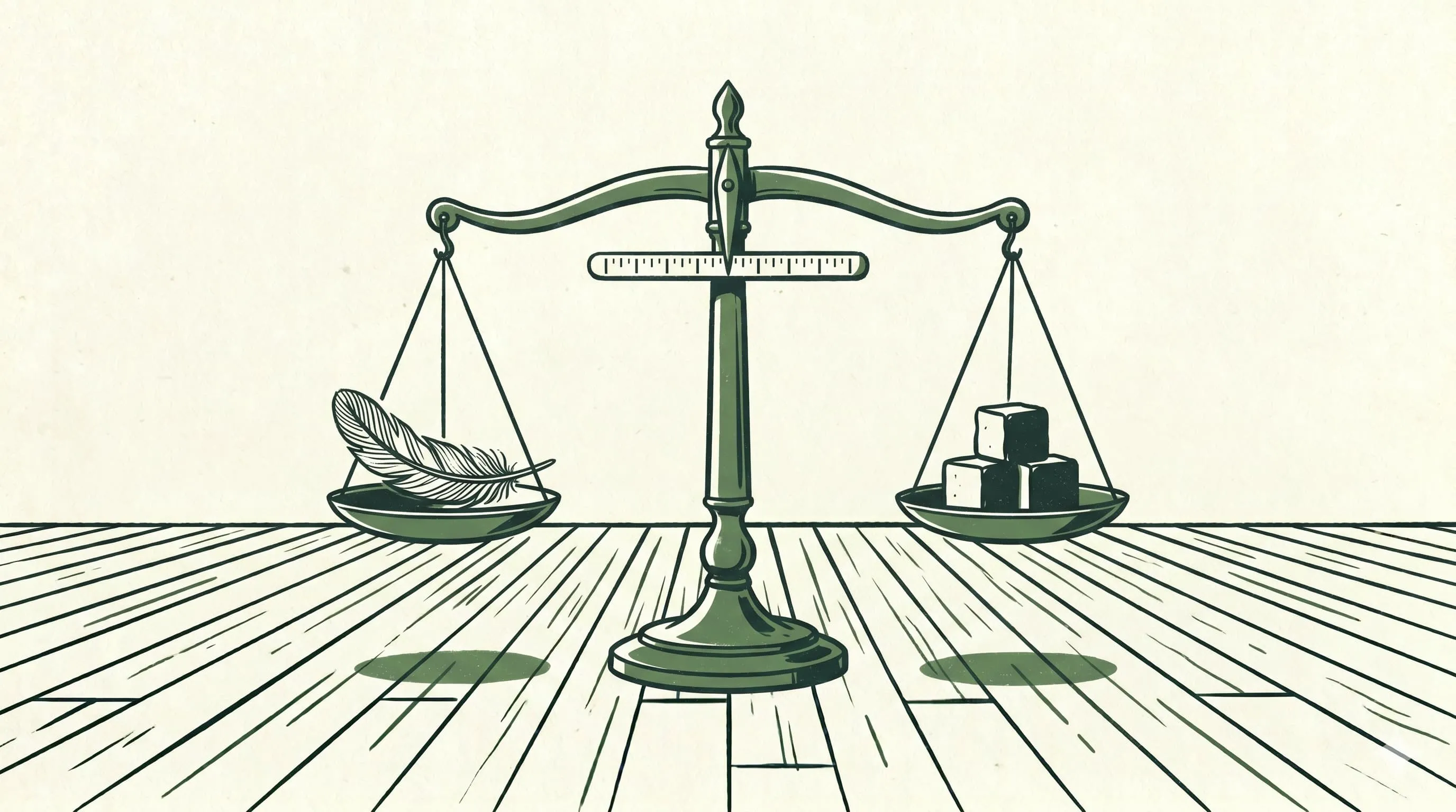 A level brass balance scale with a feather on one pan and stone blocks on the other.