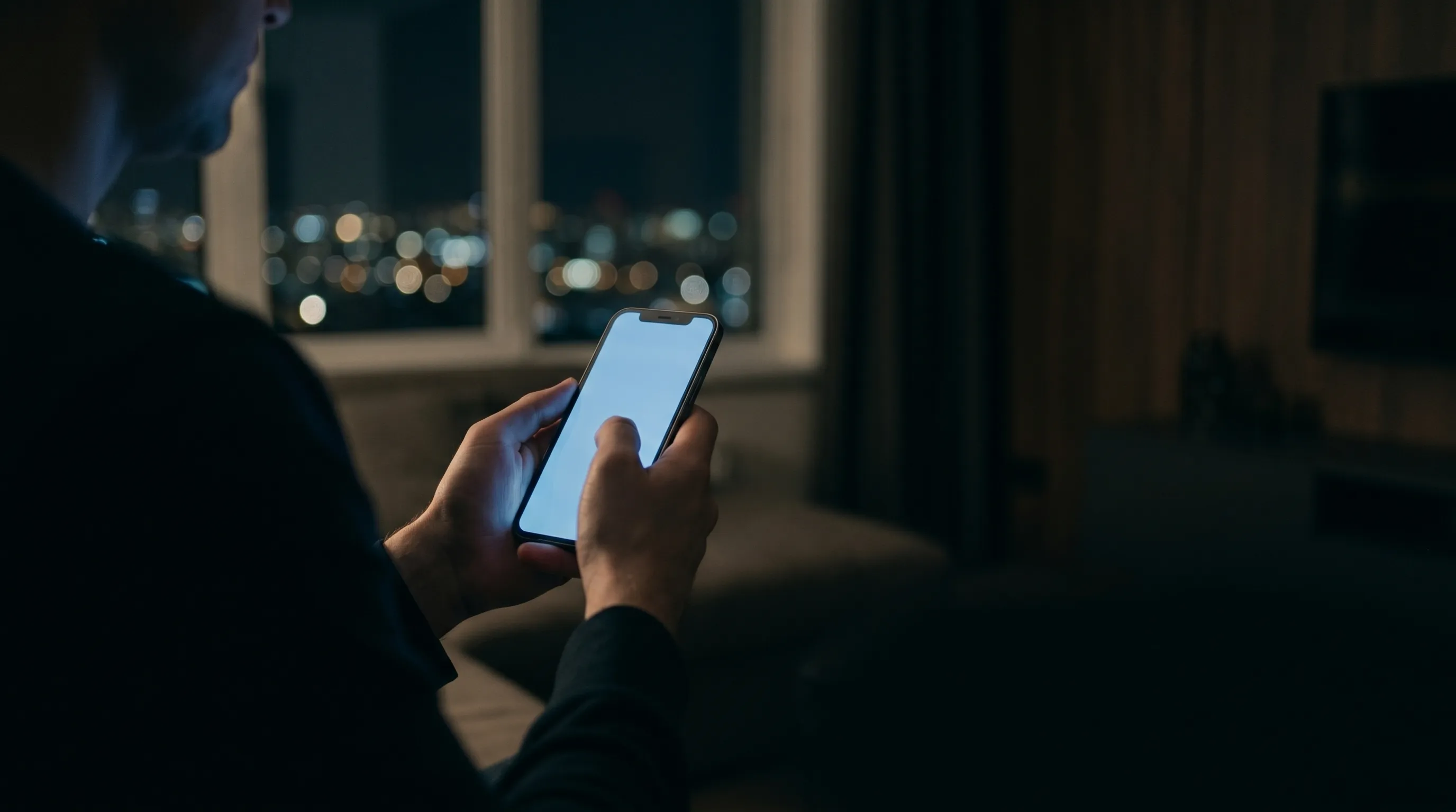 Hands holding a glowing smartphone in an otherwise dark apartment at night, with distant out-of-focus city lights visible through a window behind.