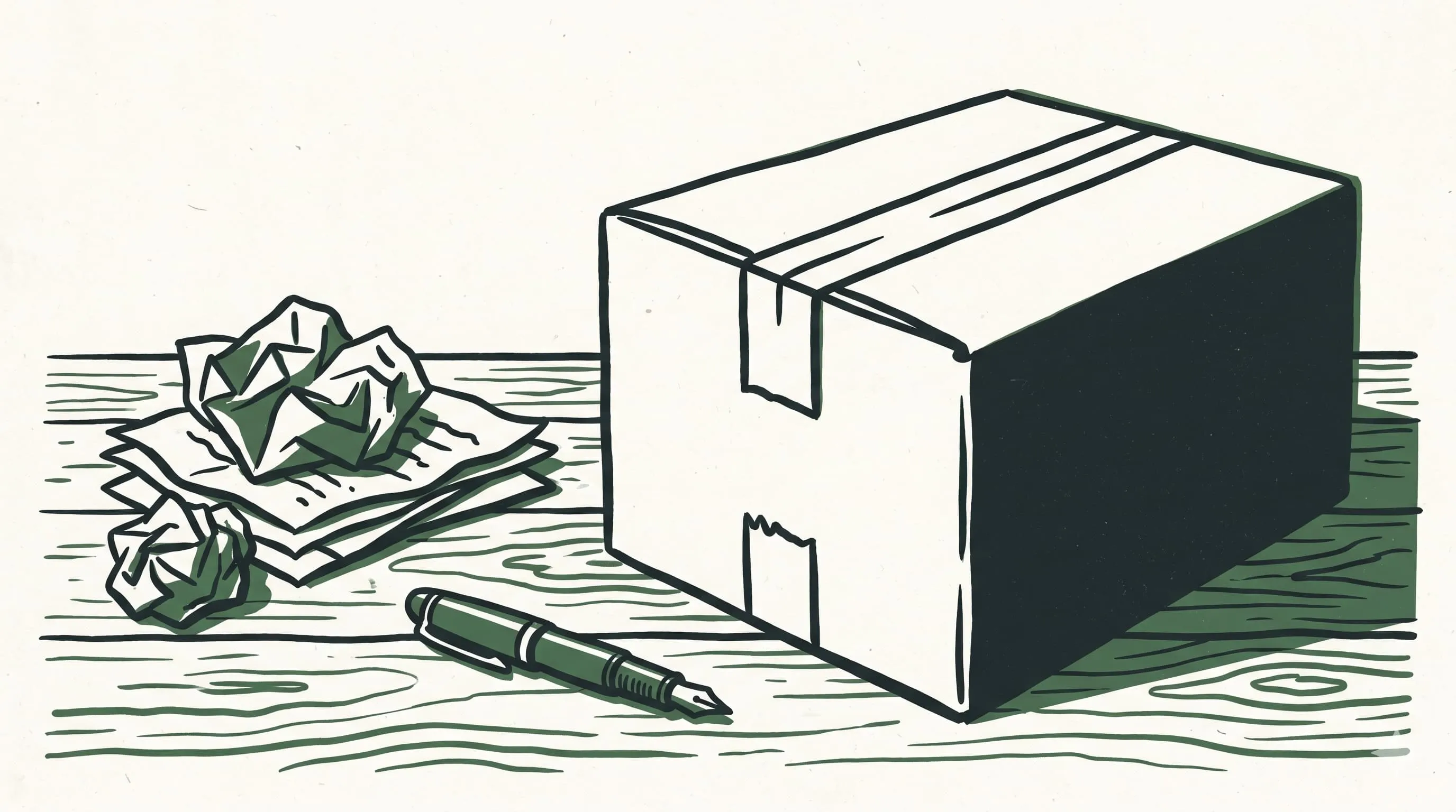 A sealed shipping box beside a stack of crumpled paper drafts on a wooden desk