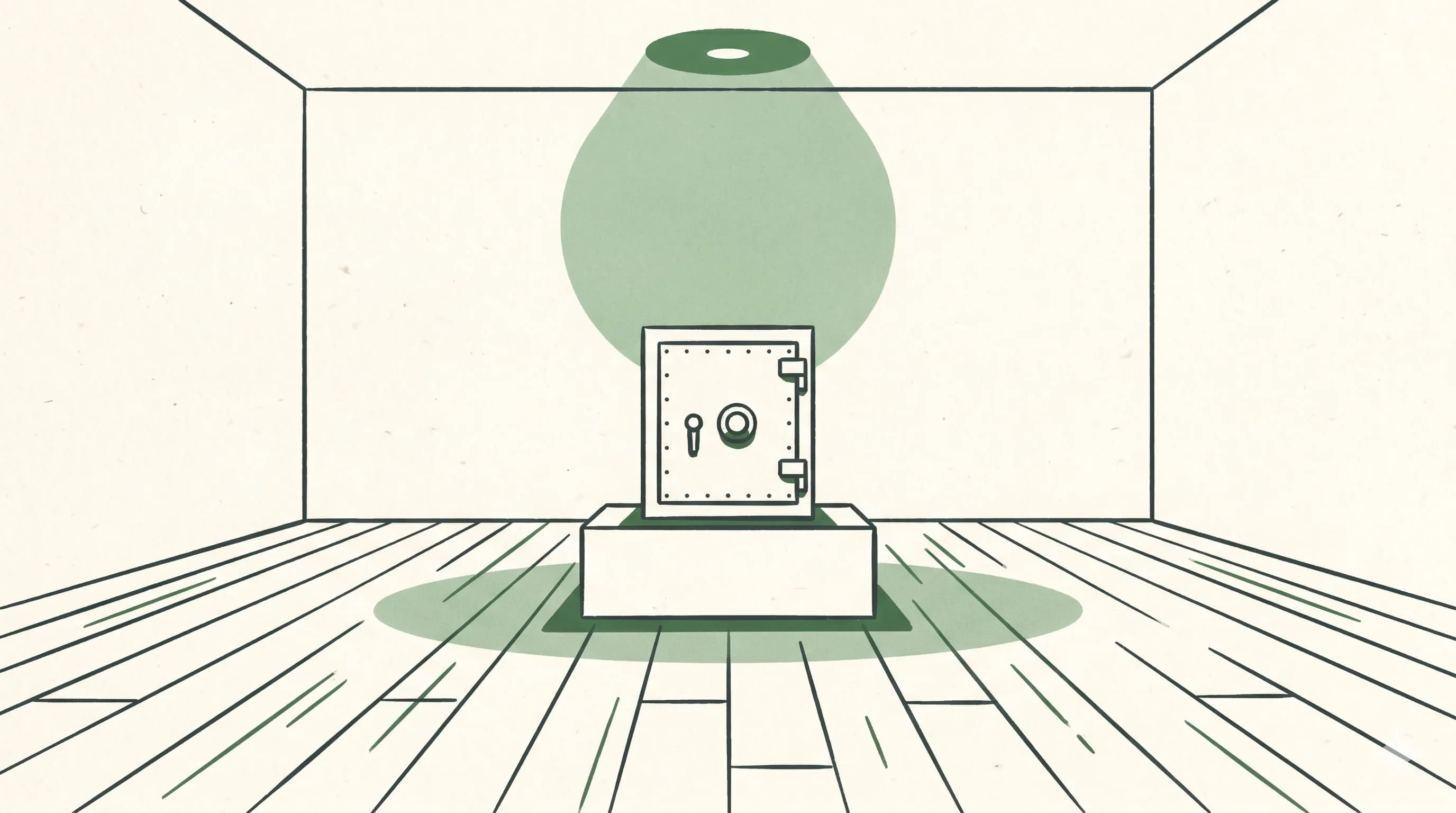 A small steel vault on a museum pedestal in an empty, softly lit room.