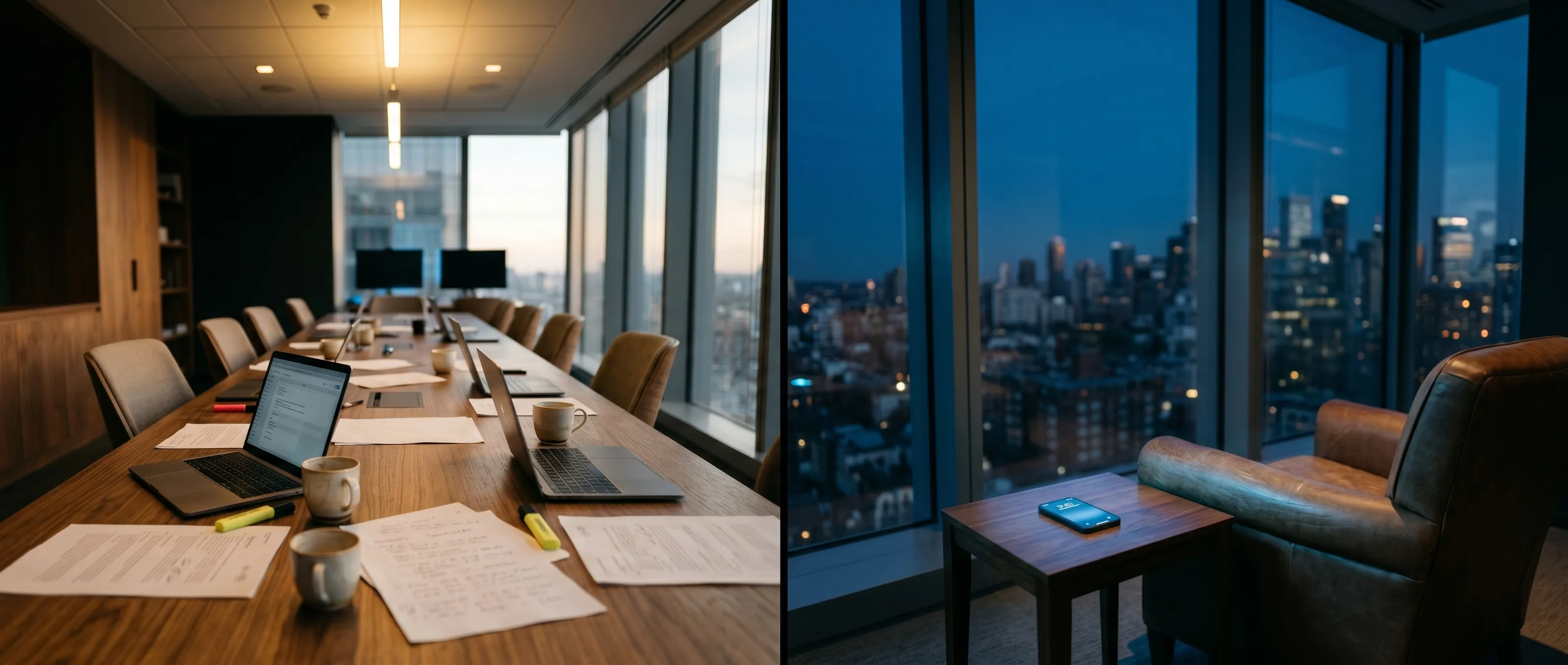 Diptych of two empty rooms: on the left, a conference table covered in open laptops, printed pages, coffee cups, and highlighters; on the right, an armchair facing a dark window with a softly glowing phone on the side table.